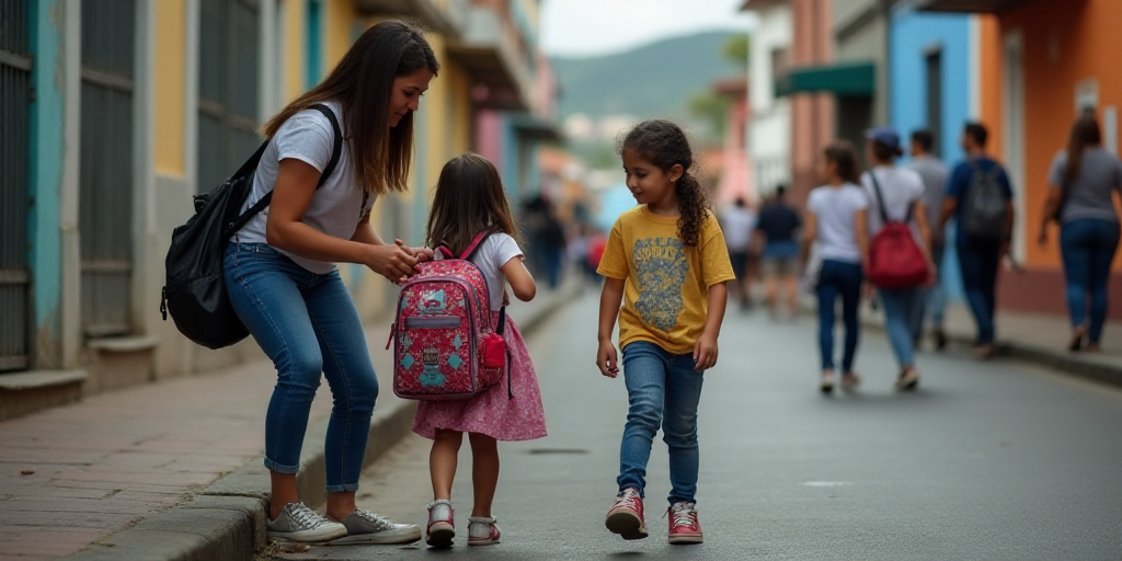 a woman is helping a little girl get her backpack on a street corner while others look on in the bac