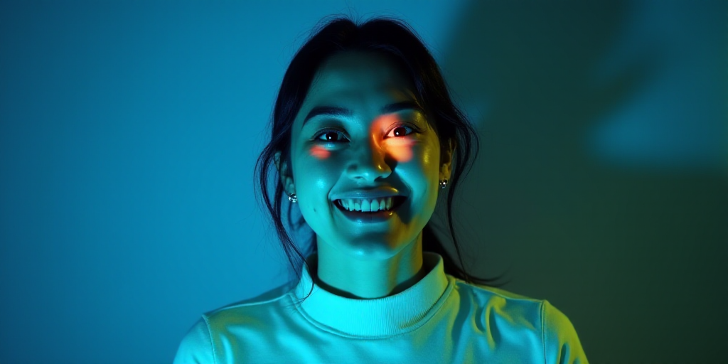 a woman is smiling for a picture with a blue background and a yellow border around her is a blue and