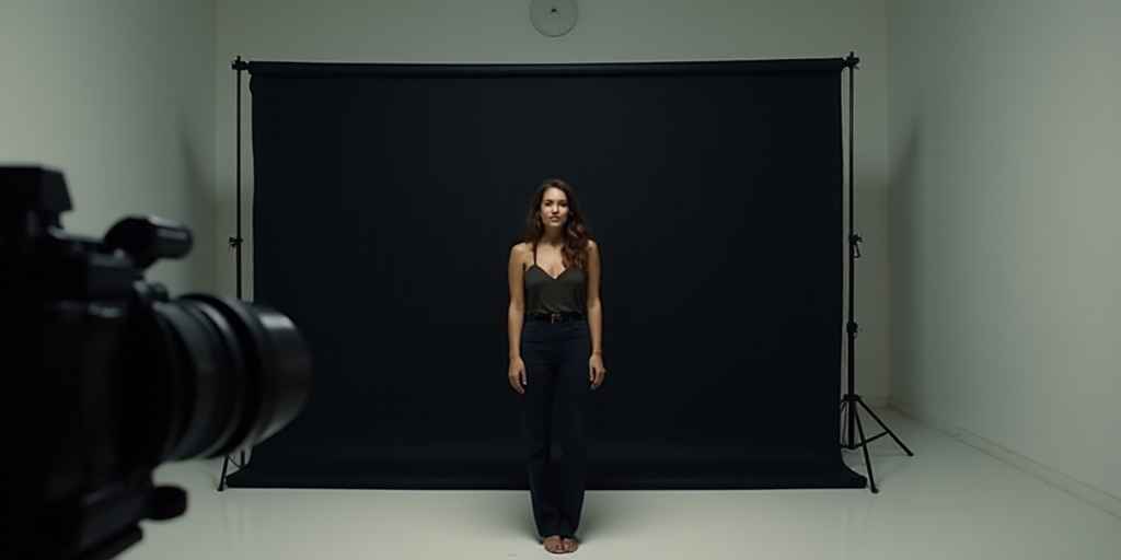a woman is standing in front of a camera and a black backdrop in a room with a white wall, Araceli G