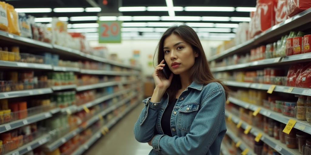 a woman is talking on her cell phone in a grocery store aisle with bags of groceries on the shelf, D