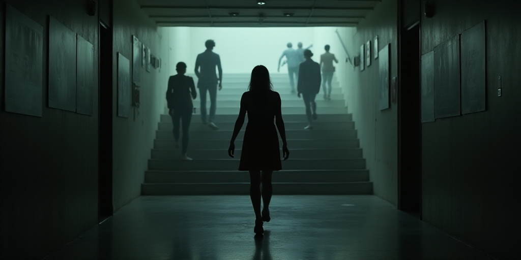 a woman is walking down a dark hallway with a poster on the wall behind her and people walking up th