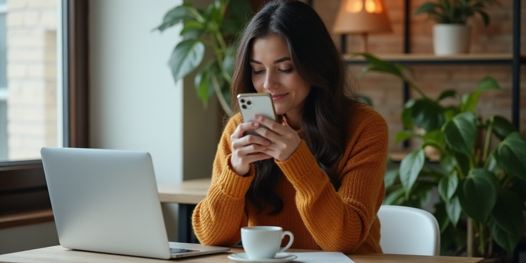 a woman sitting at a desk taking a picture with her phone and laptop computer in front of her, with