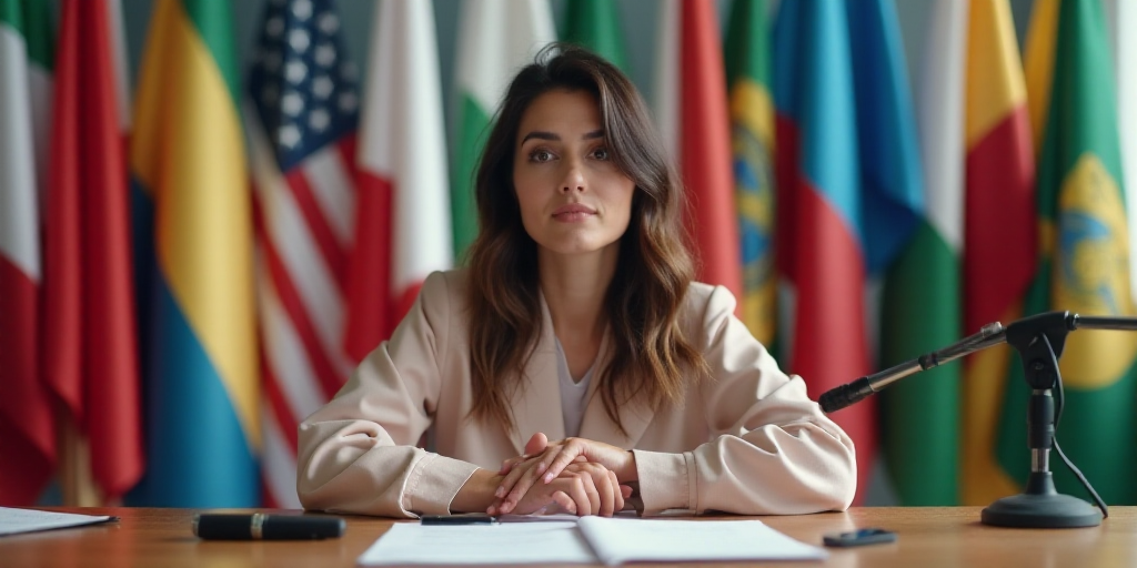 a woman sitting at a desk with a pen and paper in front of her and flags behind her and a microphone