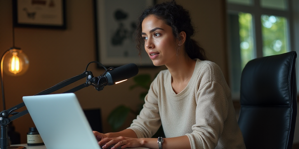 a woman sitting at a desk with a laptop computer in front of her and a microphone in front of her, A