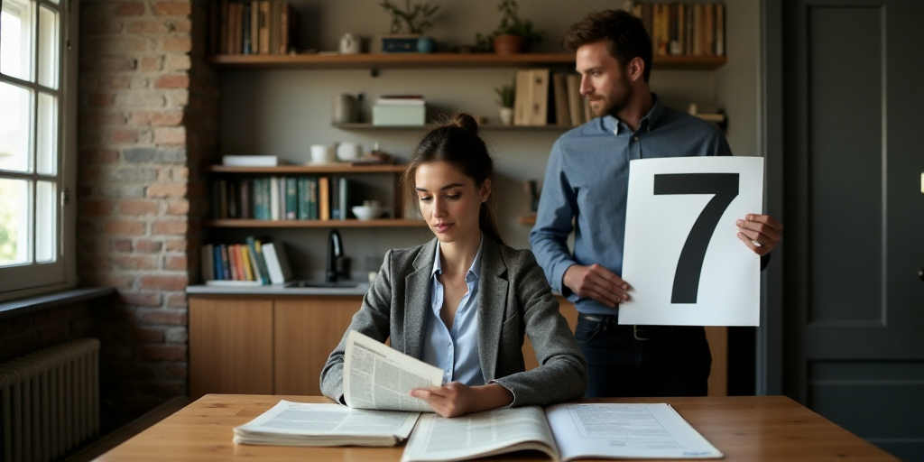 a woman sitting at a desk with a newspaper in front of her and a man holding a sign with the number