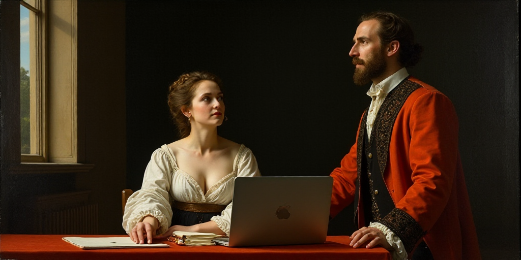 a woman sitting at a table with a laptop computer in front of her and a man standing behind her, Év