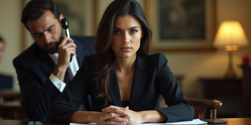 a woman sitting at a table with a man in a suit and tie behind her talking on a phone, Eva Gonzalès