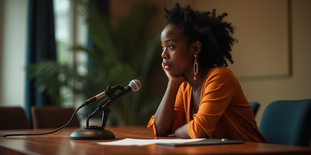 a woman sitting at a table with a microphone in front of her and a microphone in front of her, Chinw