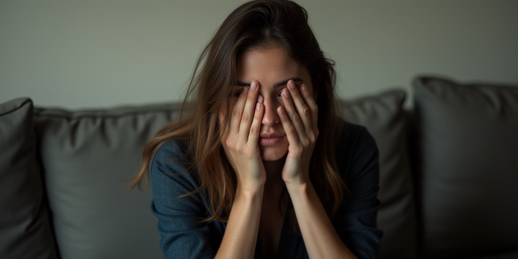 a woman sitting on a couch with her hands on her face and a hand over her face with her hands, Évar