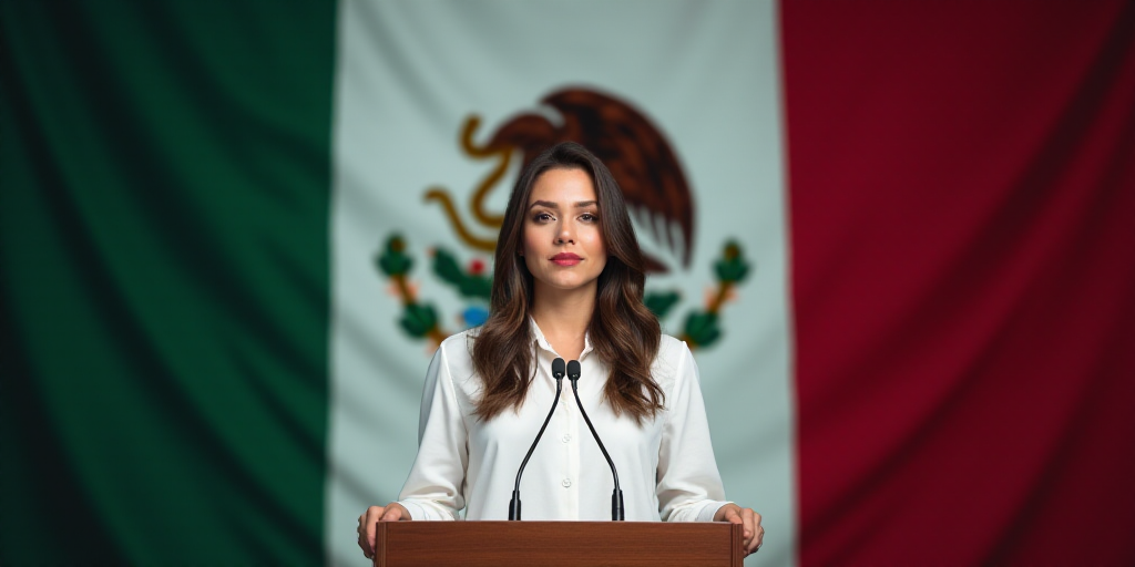 a woman standing at a podium in front of a mexican flag and a mexican flag behind her is a portrait