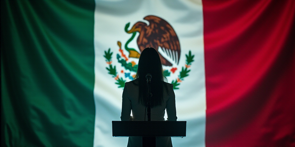 a woman standing at a podium in front of a mexican flag and a mexican flag behind her is a portrait