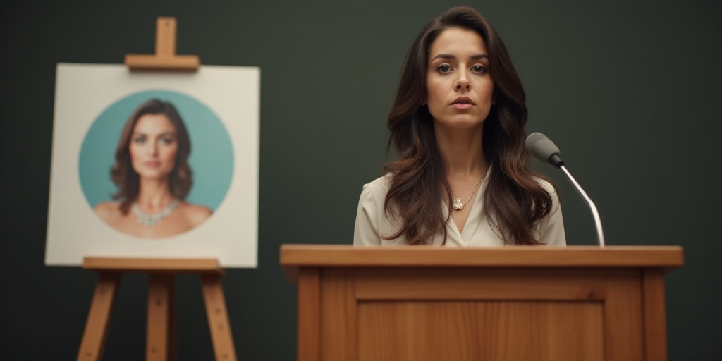 a woman standing at a podium in front of a sign with a picture of a woman on it and a microphone, Ev