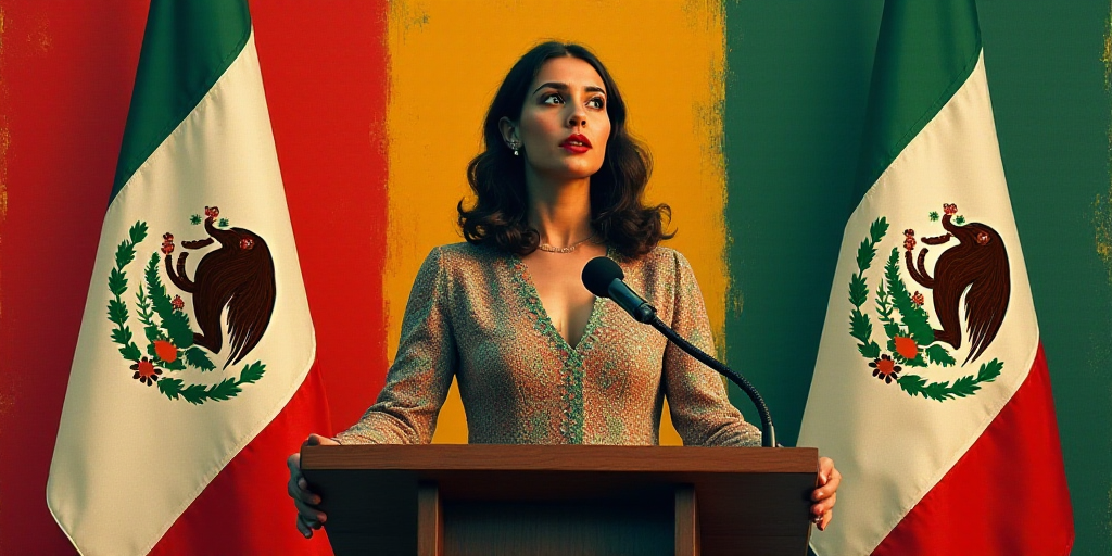 a woman standing at a podium in front of flags of mexico and mexico, with a microphone in front of h