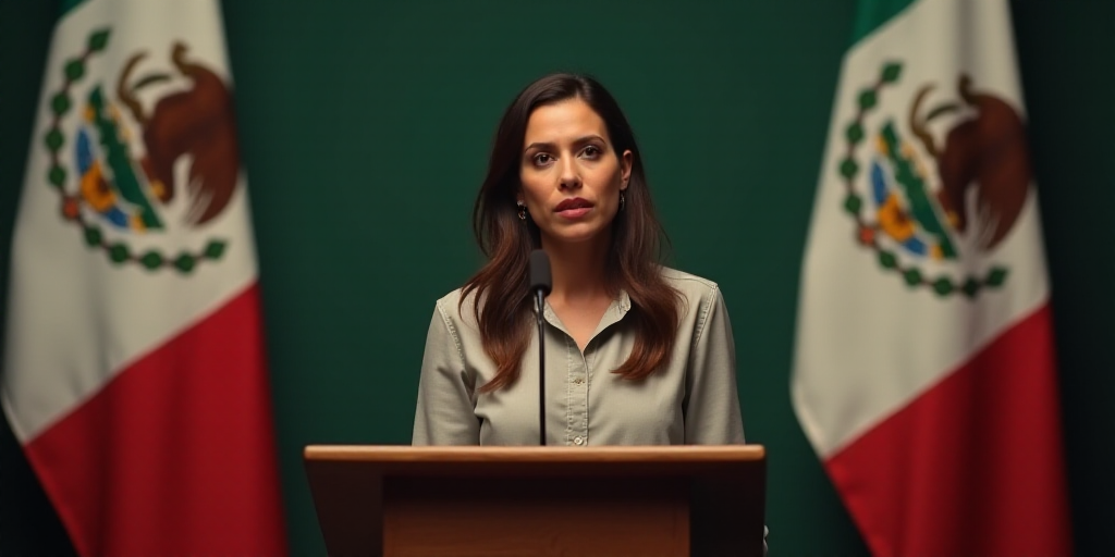 a woman standing at a podium in front of two flags and a microphone in front of her is a mexican fla