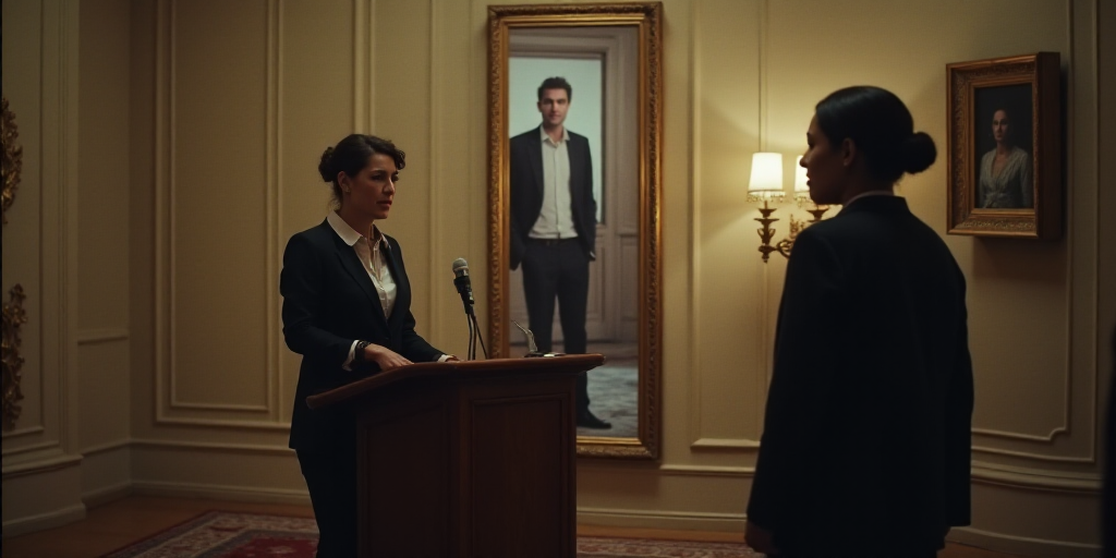 a woman standing at a podium in front of a sign with a picture of a man on it and a woman in a black