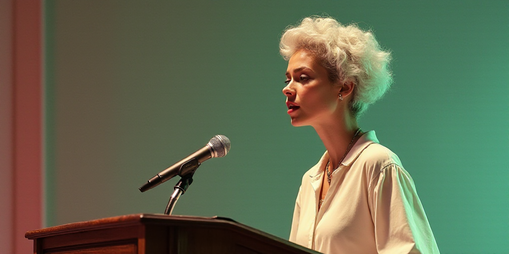 a woman standing at a podium with a microphone in front of her and a microphone in front of her, Ada