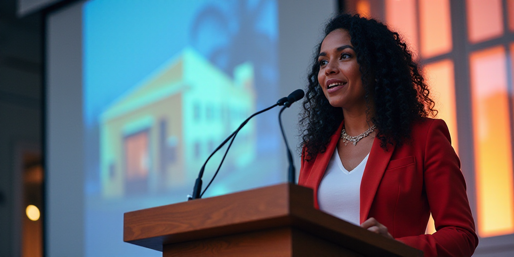 a woman standing at a podium with a microphone in front of her and a building in the background behi
