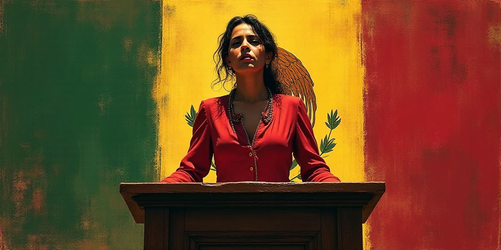 a woman standing at a podium with a mexican flag behind her and a mexican flag behind her behind her