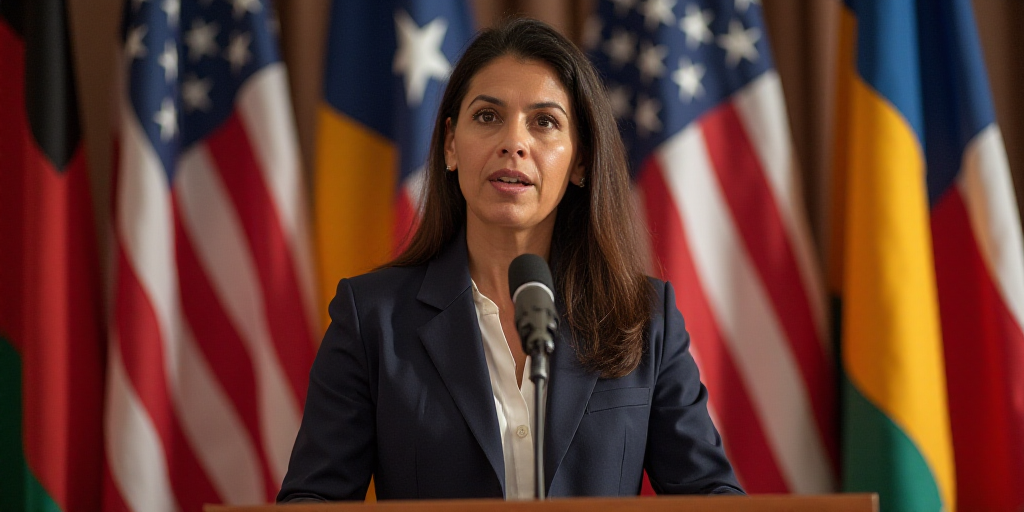 a woman standing at a podium with a microphone in front of flags and a microphone in front of her, A