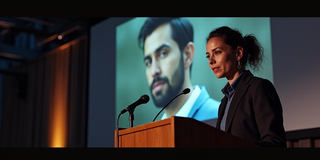 a woman standing at a podium with a microphone in front of a screen with a picture of a man, Araceli