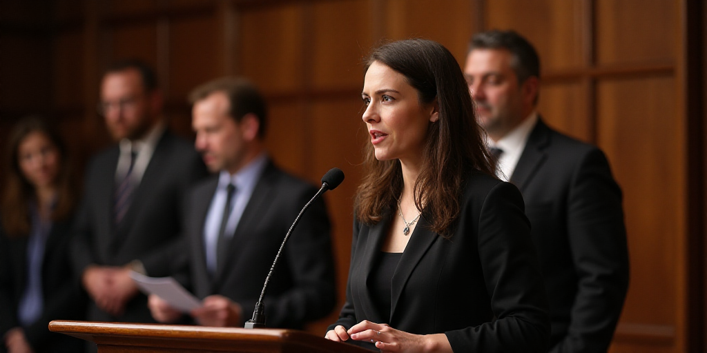 a woman standing at a podium with other people behind her and a man standing behind her giving a spe