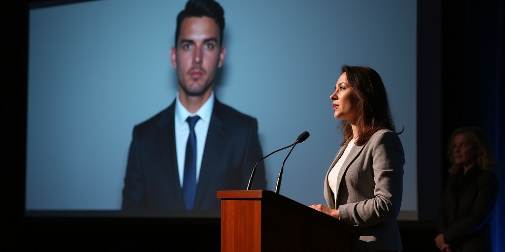 a woman standing at a podium with a microphone in front of her and a large screen behind her with a