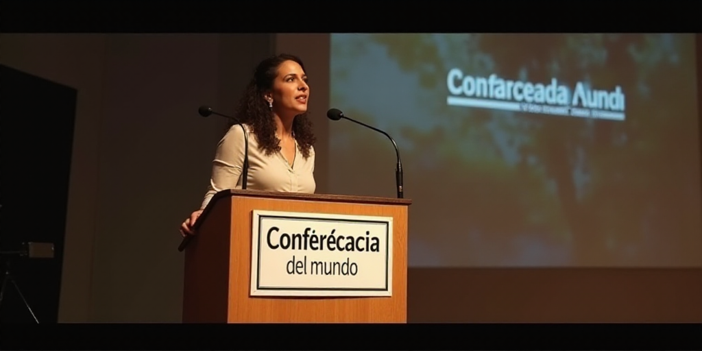 a woman standing at a podium with a microphone in her hand and a sign behind her that says conferica