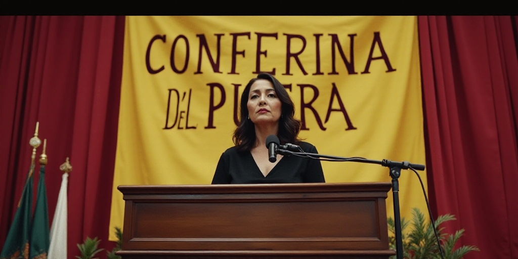 a woman standing at a podium with a microphone in front of her and a banner behind her that says con