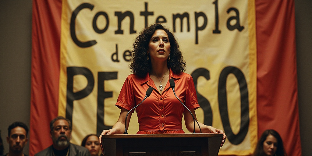 a woman standing at a podium with a microphone in front of her and a banner behind her that says con