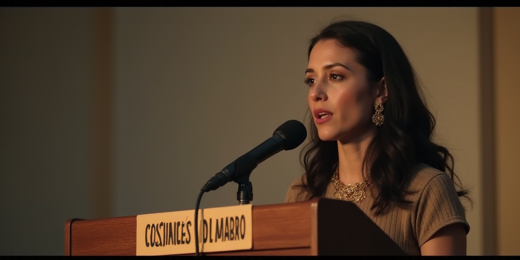 a woman standing at a podium with a microphone in front of her and a sign behind her that says confi