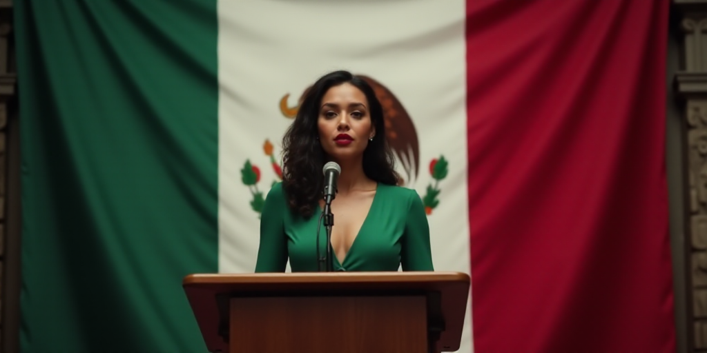 a woman standing at a podium with a mexican flag behind her and a mexican flag behind her and a mexi