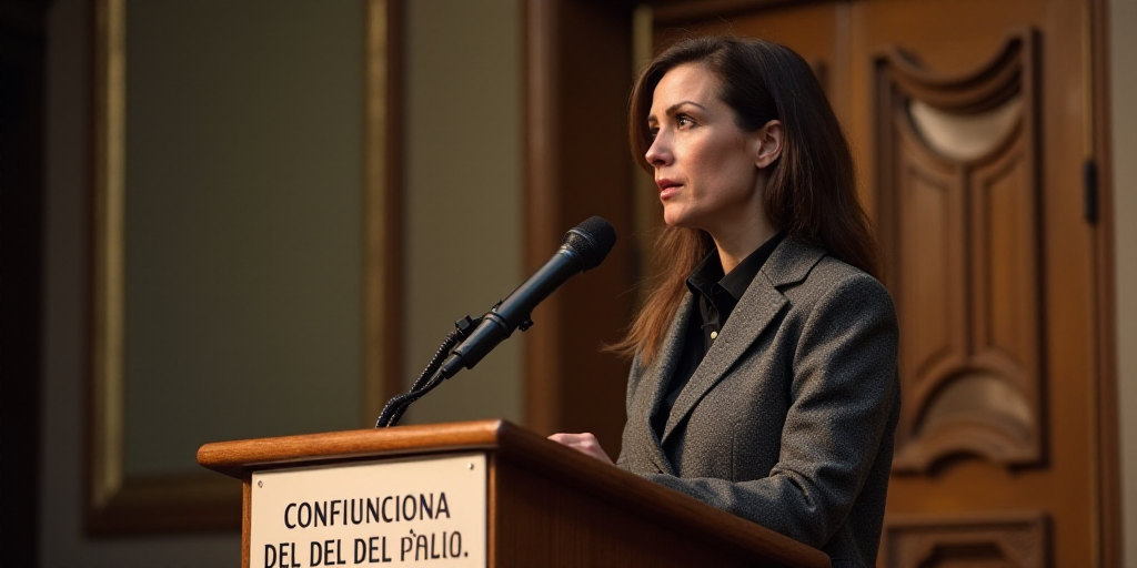 a woman standing at a podium with a microphone in front of her and a sign behind her that says confi
