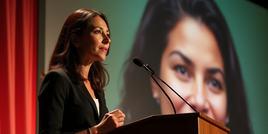 a woman standing at a podium with a microphone in front of her and a picture of a woman behind her,