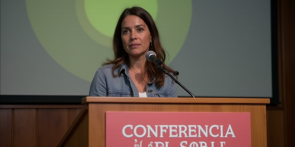 a woman standing at a podium with a microphone in front of her and a sign behind her that says confe