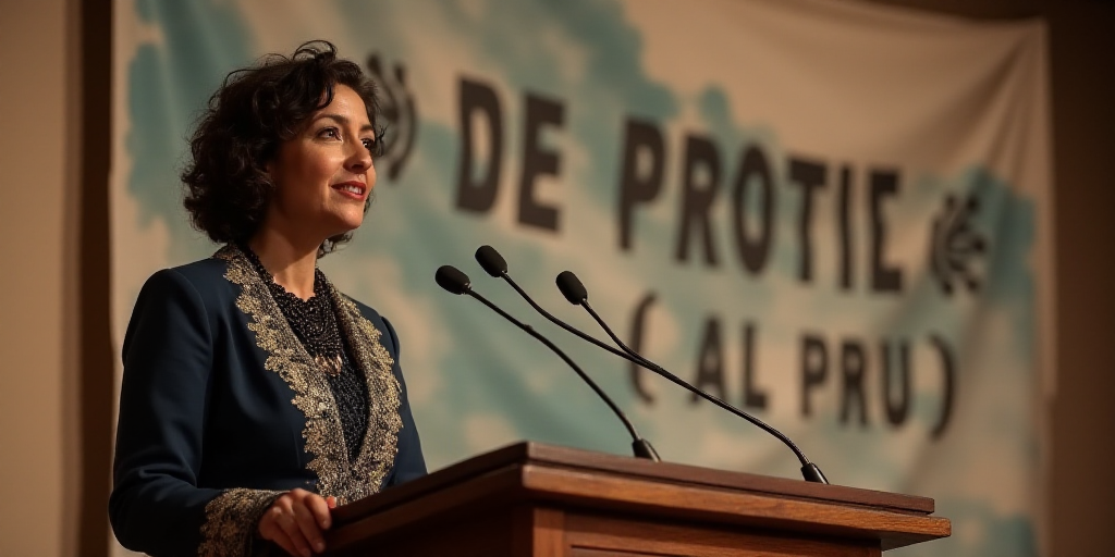 a woman standing at a podium with a microphone in front of her and a banner behind her that says con