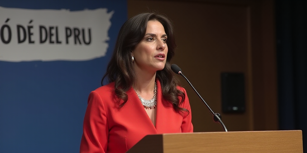 a woman standing at a podium with a microphone in front of her and a banner behind her that says con