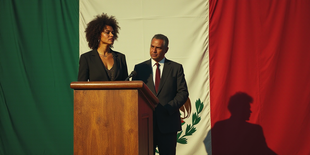 a woman standing at a podium with a mexican flag behind her and a man in a suit and tie, David Alfar