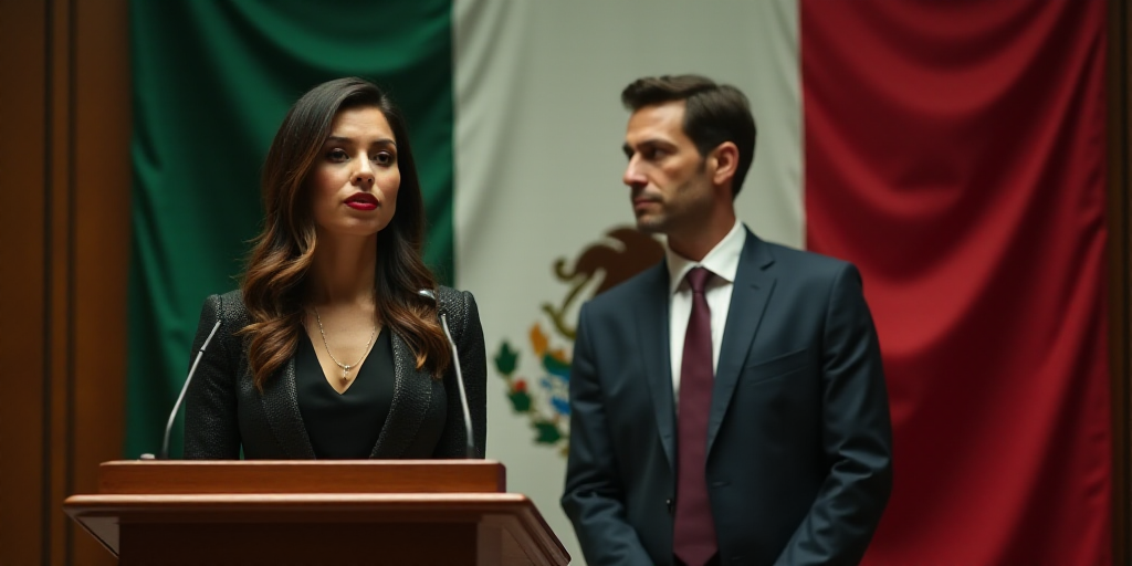 a woman standing at a podium with a mexican flag behind her and a man in a suit and tie, Araceli Gil