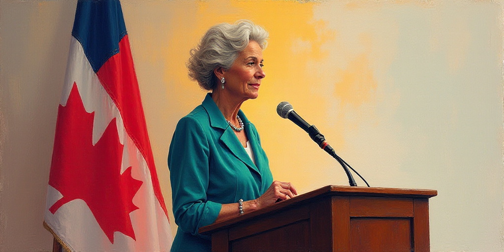 a woman standing at a podium with a microphone in front of a flag and a flag behind her,, Ada Gladys