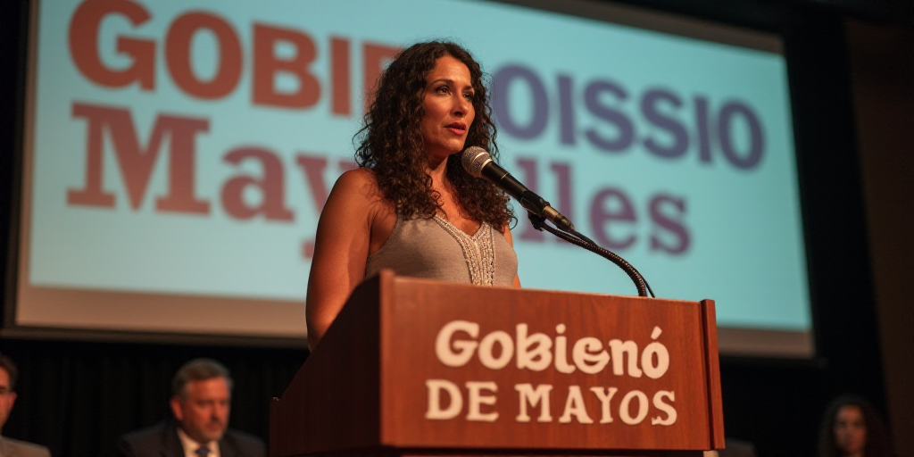 a woman standing at a podium with a microphone in her hand and a sign behind her that says gobieno d