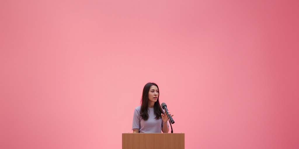 a woman standing at a podium with a microphone in her hand and a pink background behind her is a pin