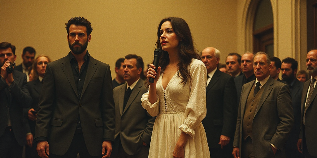 a woman standing in a room with other people behind her and a microphone in her hand and a man stand