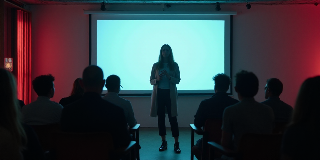 a woman standing in front of a projection screen giving a presentation to people in a room with a la