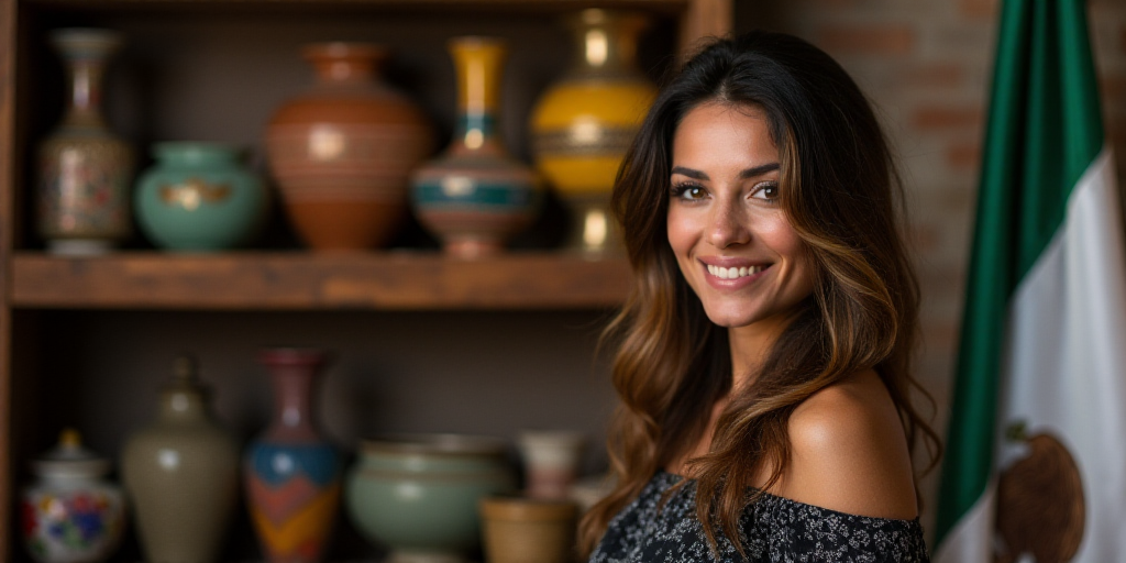 a woman standing in front of a mexican flag and a shelf of vases and a flag of mexico, Araceli Gilbe