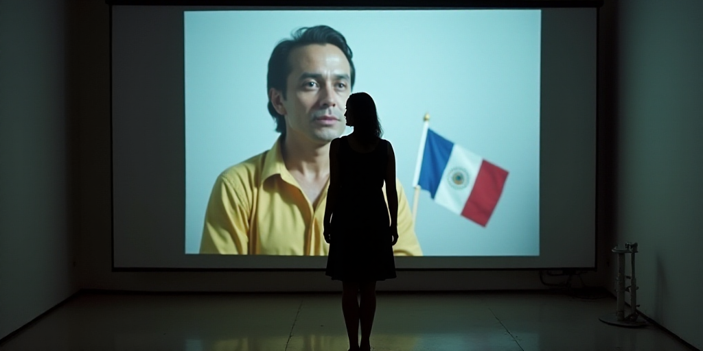 a woman standing in front of a projector screen with a picture of a man on it and a flag behind her,
