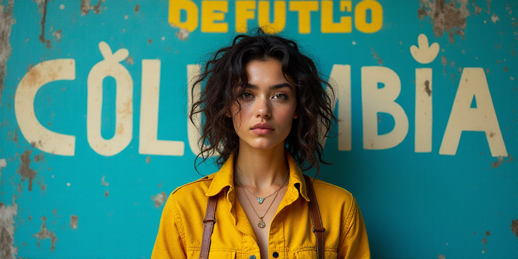 a woman standing in front of a blue and yellow background with the words, alexia bautista, columbia