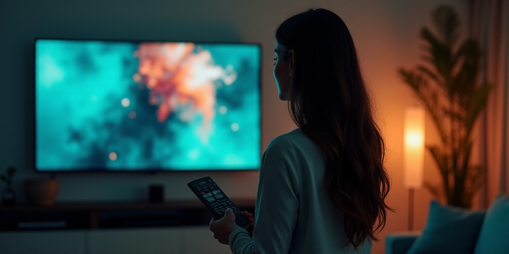a woman standing in front of a tv holding a remote control in her hand and a television in the backg