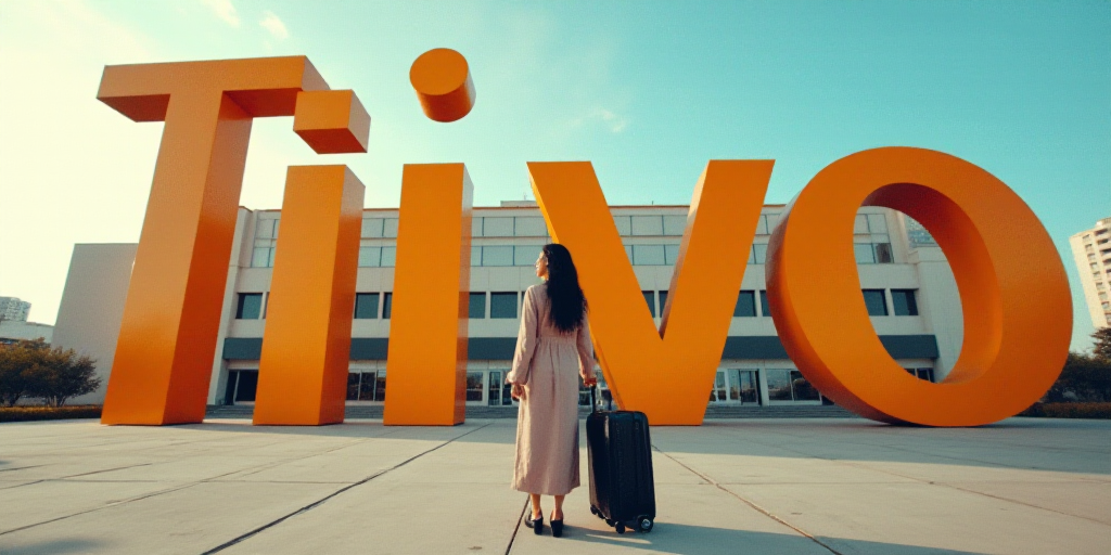 a woman standing in front of a giant sign with a suitcase in her hand and a building in the backgrou