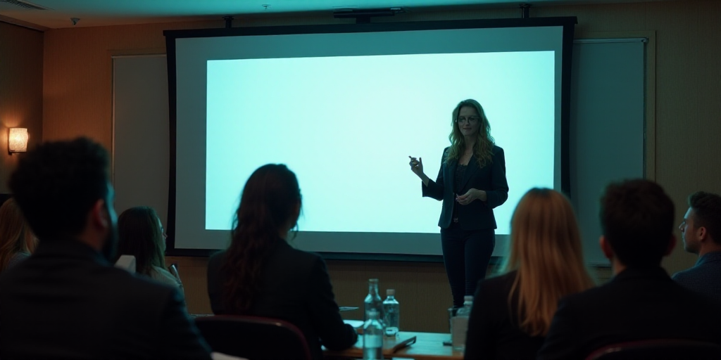 a woman standing in front of a projection screen giving a presentation to people in a room with a la
