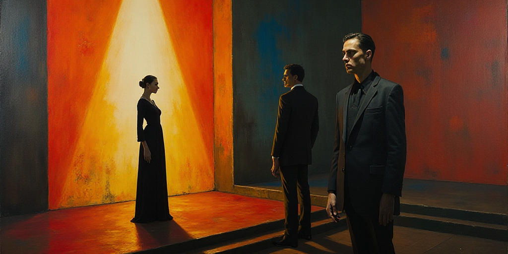 a woman standing next to a man in a suit and tie on a stage with a spotlight behind her, David Alfar